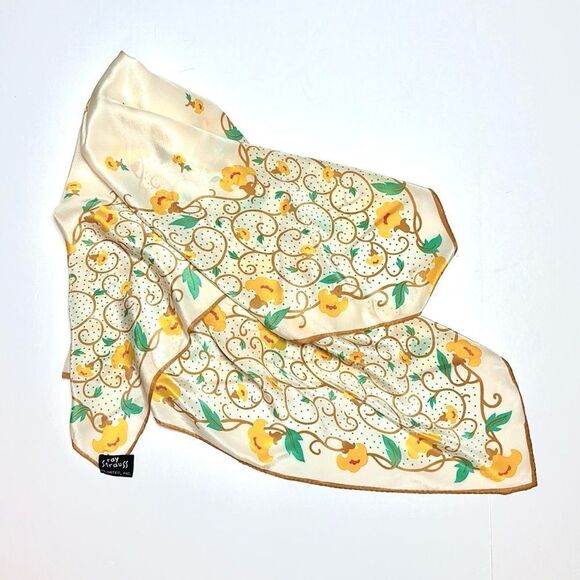 Vintage Ray Strauss Silk Scarf Ivory Floral Green Yellow Tan 35x35” Japan - Picture 6 of 10
